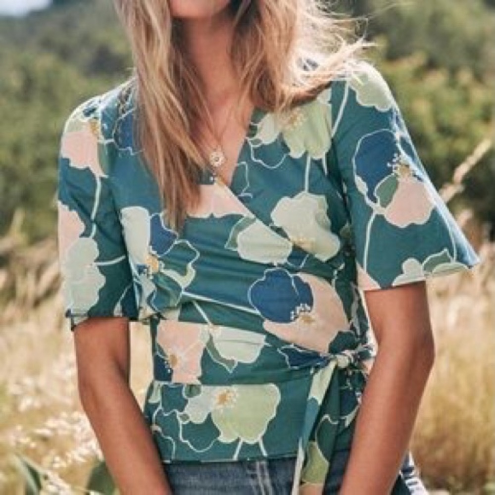 Sezane Shanon wrap blouse in teal floral